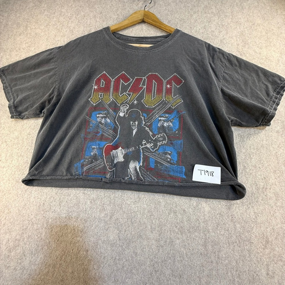 ACDC Graphic Crop Top Goodie Two Sleeves Faded Black Raw Hem Tee M/L